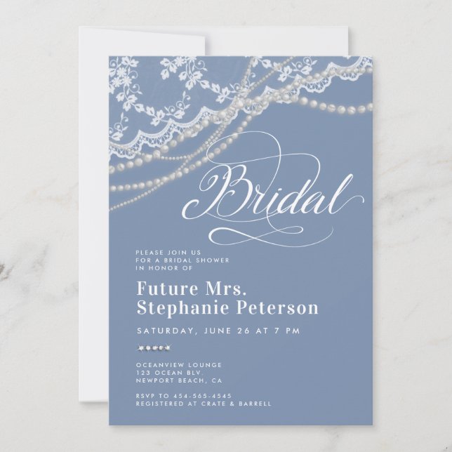 Diamonds Pearls Lace Something Blue Bridal Shower Invitation (Front)