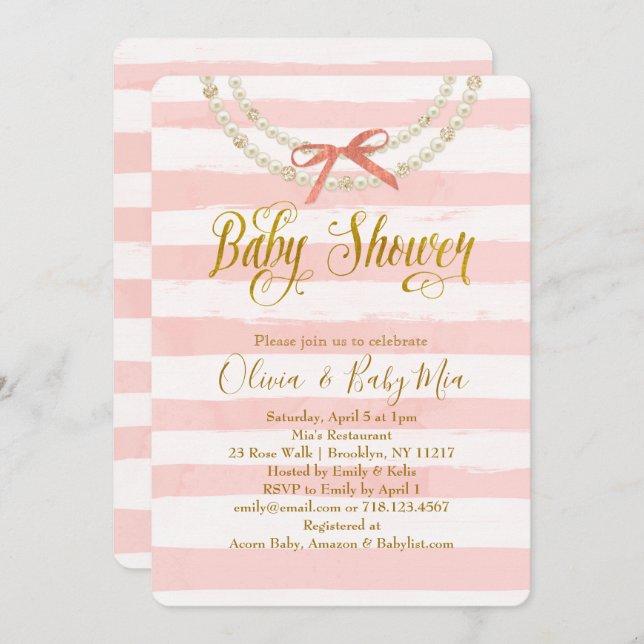 Diamonds & Pearls Pink Baby Shower Invitation Bow (Front/Back)