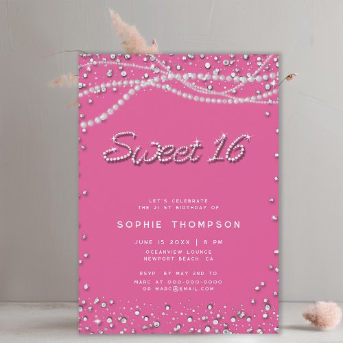 Diamonds Pearls Pretty Girly Pink Elegant Sweet 16 Invitation