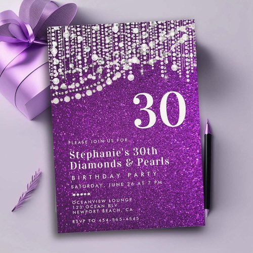 Diamonds Pearls Purple Glitter Chic 30th Birthday Invitation
