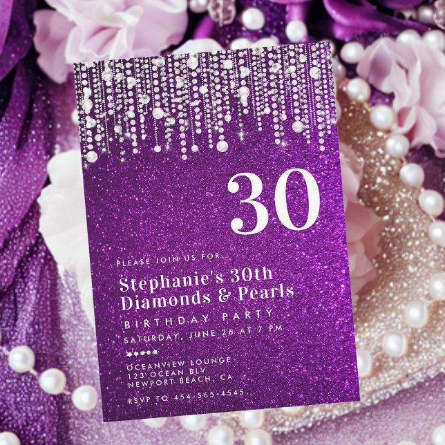 Diamonds Pearls Purple Glitter Glitz 30th Birthday Invitation (glitz and glam 30th birthday party invitation for women purple glitter diamonds and pearls elegant )