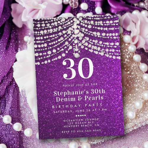 Diamonds Pearls Purple Glitz Glam 30th Birthday Invitation