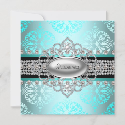 Diamonds Pearls Teal Blue Quinceanera Invitations