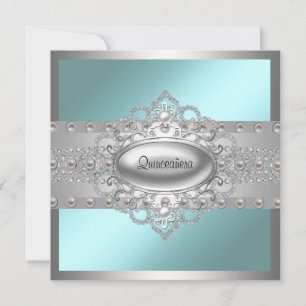 Diamonds Pearls Teal Blue Quinceanera Invitations