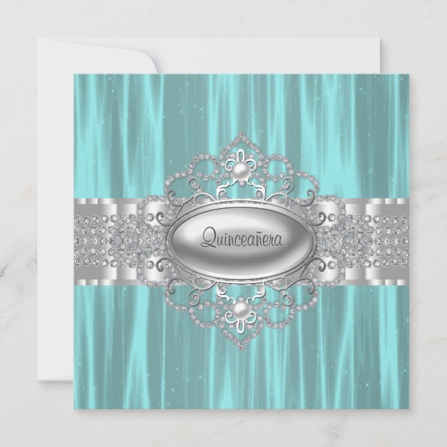 Diamonds Pearls Teal Blue Quinceanera Invitations (Front)