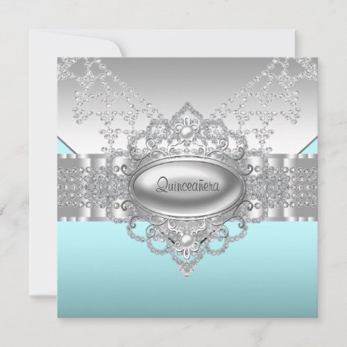 Diamonds Pearls Teal Blue Quinceanera Invitations