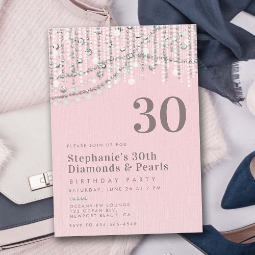 Diamonds Pearls Vintage Pink Elegant 30th Birthday Invitation