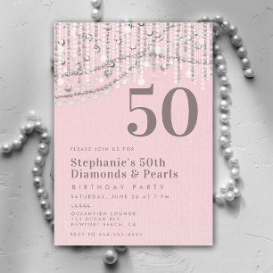 Diamonds Pearls Vintage Pink Elegant 50th Birthday Invitation