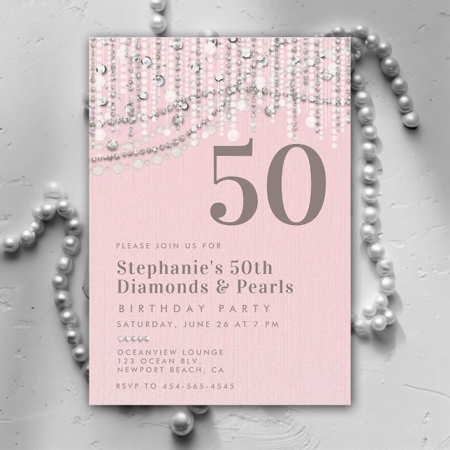 Diamonds Pearls Vintage Pink Elegant 50th Birthday Invitation (diamonds and pearls 50th birthday invitation for women party vintage pink elegant bling classy chic)
