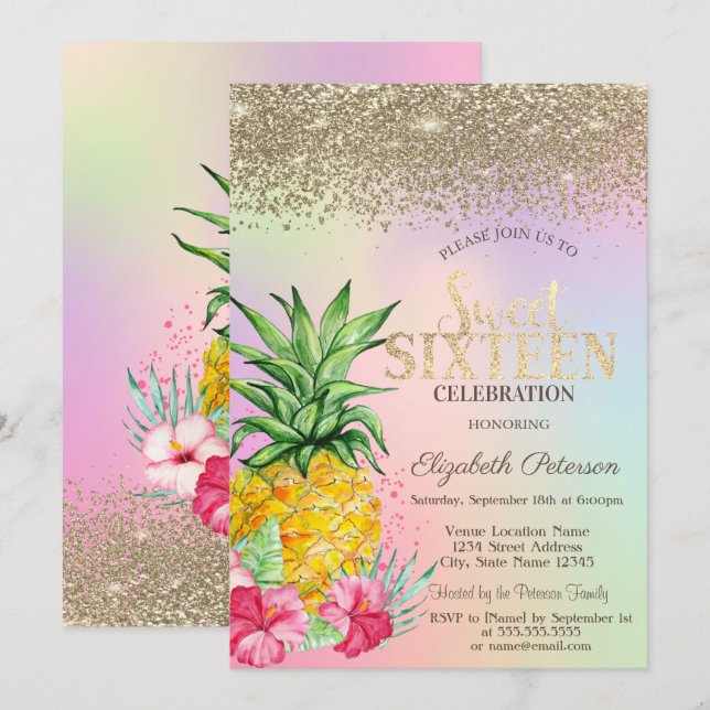  Diamonds,Pineapple Hibiscus Holographic Sweet 16  Invitation (Front/Back)