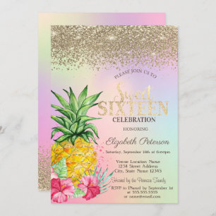 Diamonds,Pineapple Hibiscus Holographic Sweet 16  Invitation