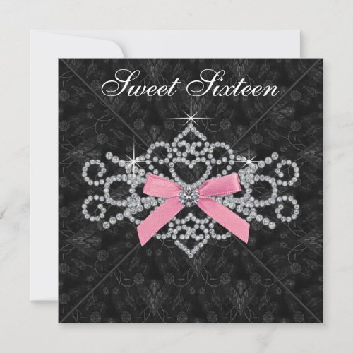 Diamonds Pink Black Damask Sweet 16 Birthday Party Personalized Invites