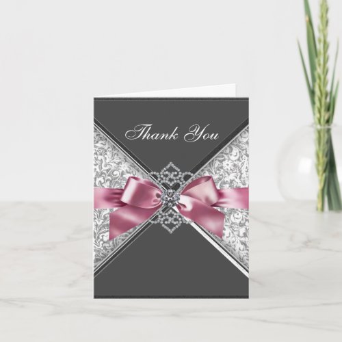 Diamonds Pink Black Damask Thank You Cards