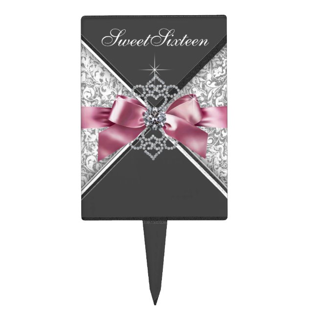 Diamonds Pink Black Sweet 16 Cake Toppers (Front)