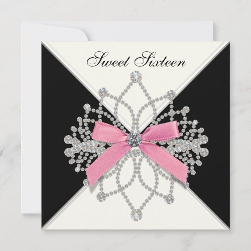 Diamonds Pink Black Sweet Sixteen Birthday Party Custom Announcements