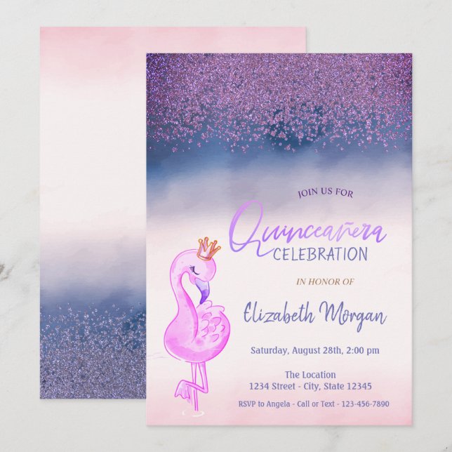 Diamonds,Pink Flamingo Crown Ombre  Quinceañera Invitation (Front/Back)