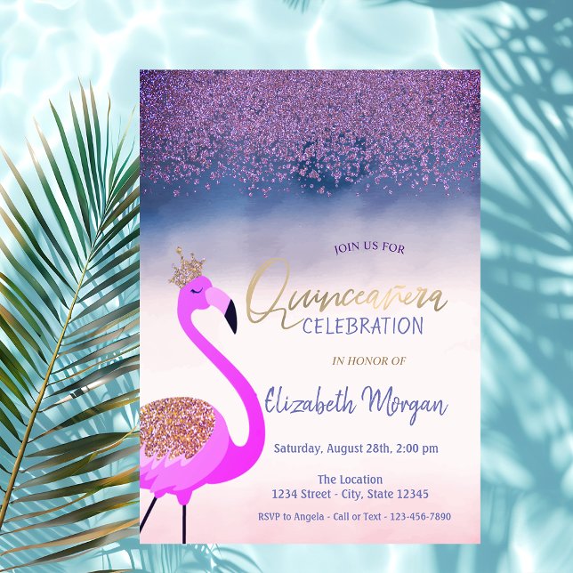 Diamonds,Pink Flamingo Ombre  Quinceañera Invitation (Creator Uploaded)