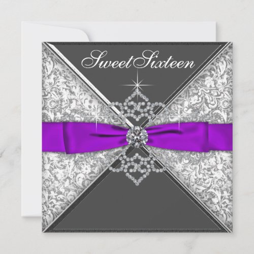 Diamonds Purple and Black Sweet 16 Birthday Party Personalized Invitations
