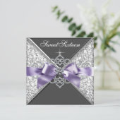 Diamonds Purple and Black Sweet 16 Birthday Party Invitation (Standing Front)