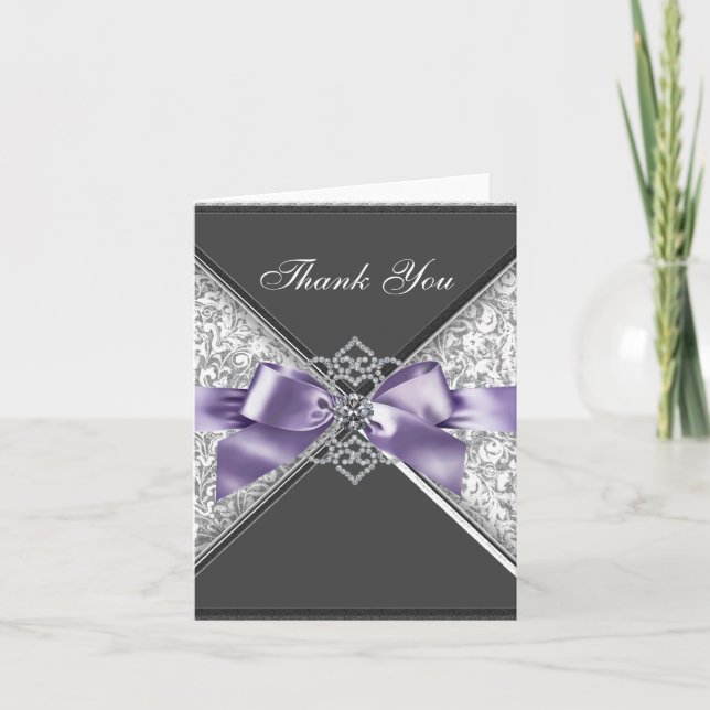 Diamonds Purple Black Damask Thank You Cards (Front)