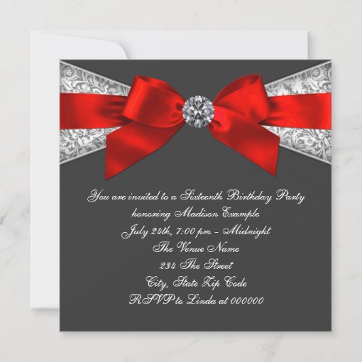 Diamonds Red and Black Sweet 16 Birthday Party Invitation | Zazzle