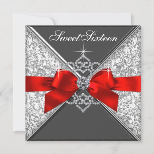Diamonds Red and Black Sweet 16 Birthday Party Invitations