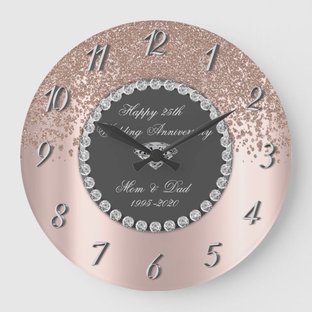 Diamonds Rose Gold 25th Wedding Anniversary Large Clock (Front)