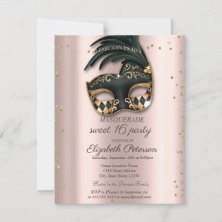  Diamonds Rose Gold Black Masquerade Sweet 16   Invitation
