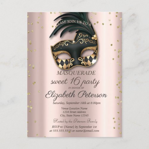  Diamonds Rose Gold Black Masquerade Sweet 16   Invitation Postcard