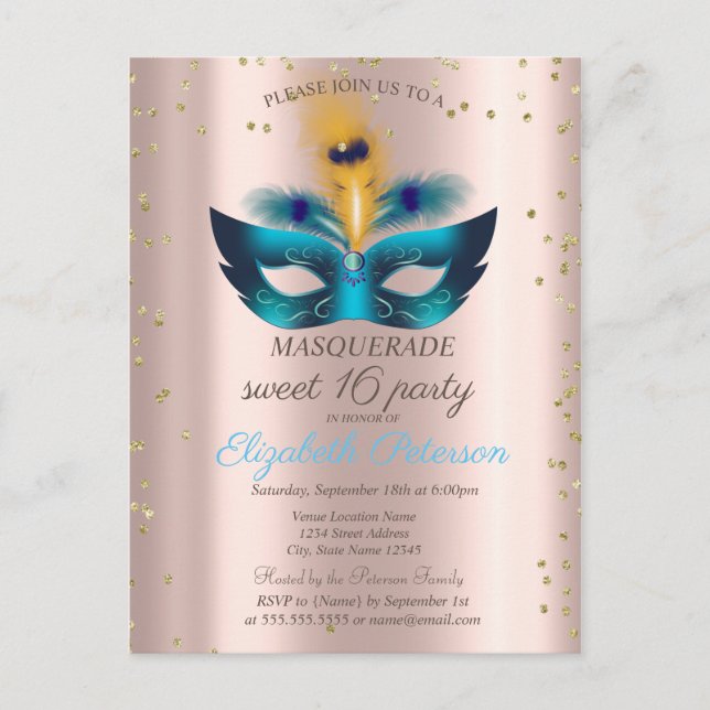  Diamonds Rose Gold Blue Masquerade Sweet 16  Invitation Postcard (Front)