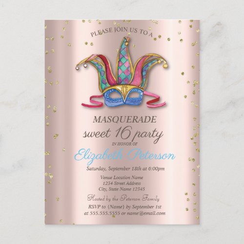  Diamonds Rose Gold Colorful Masque Sweet 16   Invitation Postcard