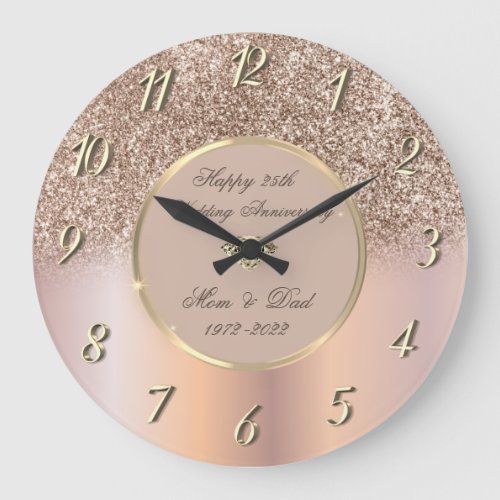 Diamonds Rose Gold Glitter 50 Wedding Anniversary Large Clock