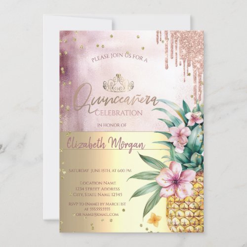 DiamondsRose Gold Glitter DripsPineapple Invitation