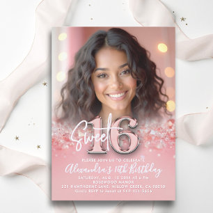 Diamonds Rose Gold Modern Chic Photo Sweet 16 Invitation