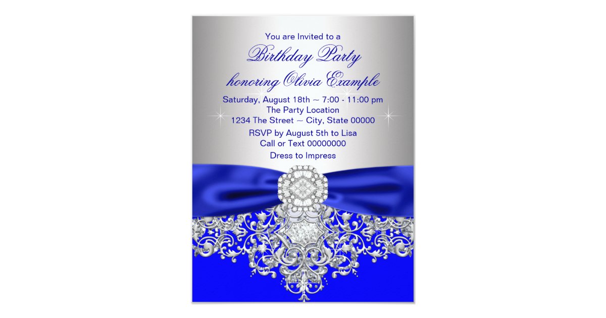 Diamonds Royal Blue and Silver Sweet 16 Party Card | Zazzle