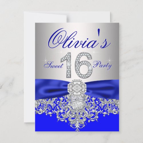 Diamonds Royal Blue and Silver Sweet 16 Party Custom Announcements