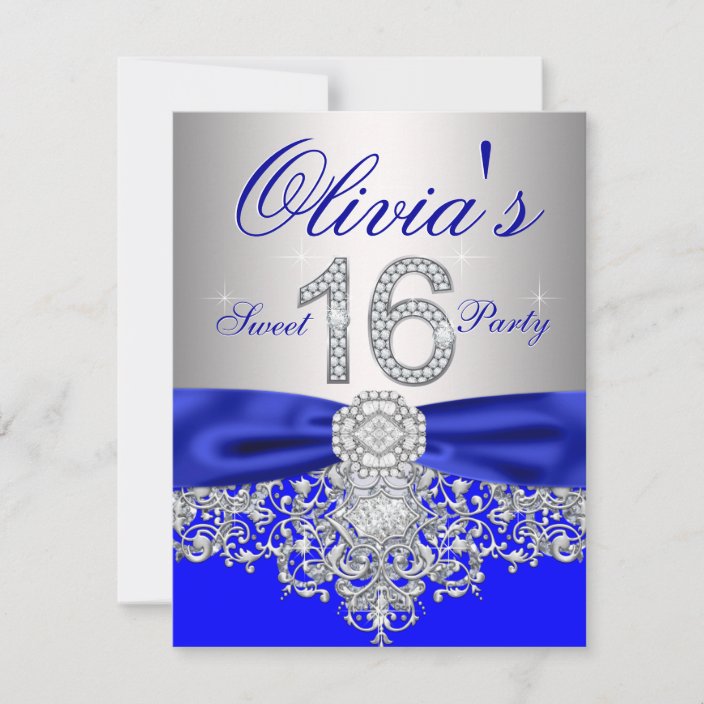 Diamonds Royal Blue And Silver Sweet 16 Party Invitation