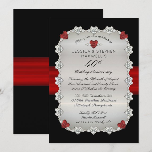 Diamonds Rubies Red 40th Wedding Anniversary Invitation (Front/Back)