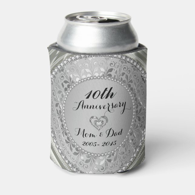 Diamonds & Silver 10th Wedding Anniversary Can Cooler (Can Back)