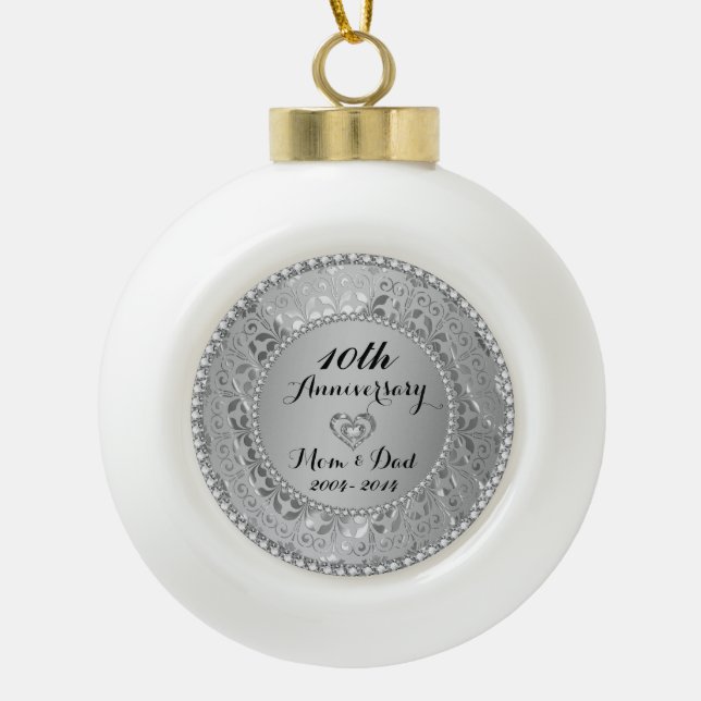 Diamonds & Silver 10th Wedding Anniversary Ceramic Ball Christmas Ornament (Front)
