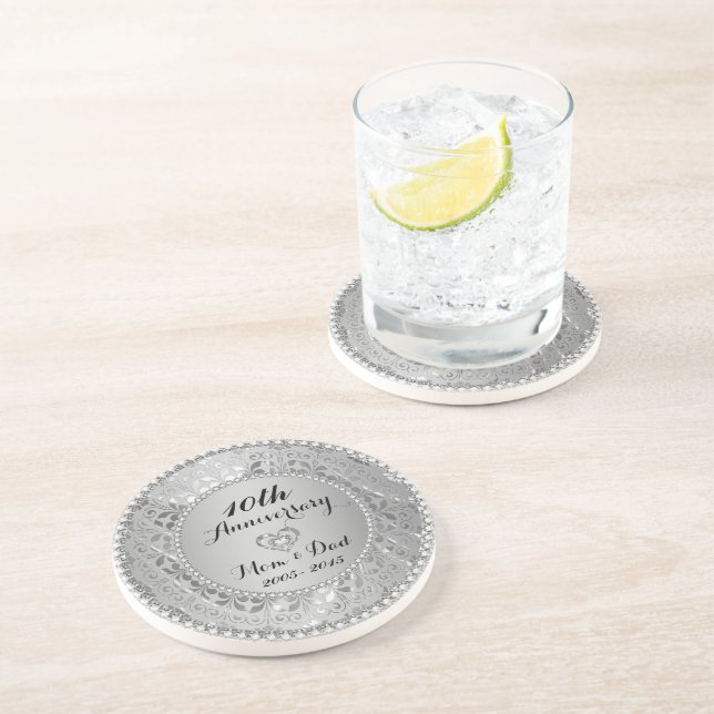 Diamonds & Silver 10th Wedding Anniversary Drink Coaster (Side)