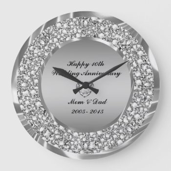 Diamonds & Silver 10th Wedding Anniversary Large Clock by gogaonzazzle at Zazzle