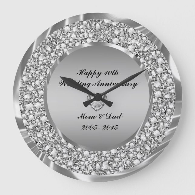 Diamonds & Silver 10th Wedding Anniversary Large Clock (Front)