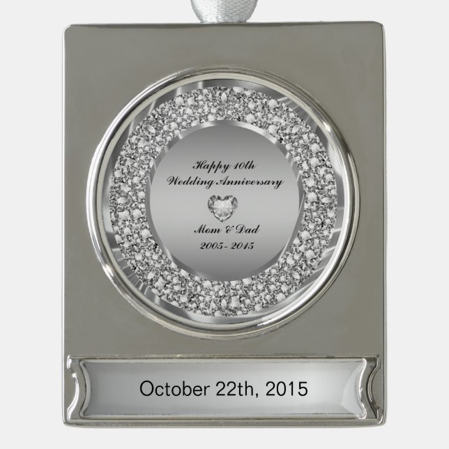 Diamonds & Silver 10th Wedding Anniversary Plated Banner Ornament (Front)