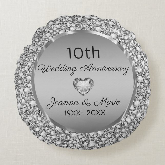 Diamonds & Silver 10th Wedding Anniversary Round Pillow (Front)