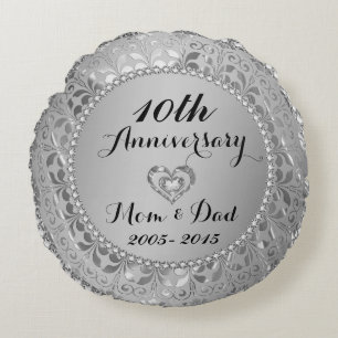 Diamonds & Silver 10th Wedding Anniversary Round Pillow