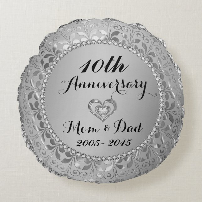 Diamonds & Silver 10th Wedding Anniversary Round Pillow (Front)