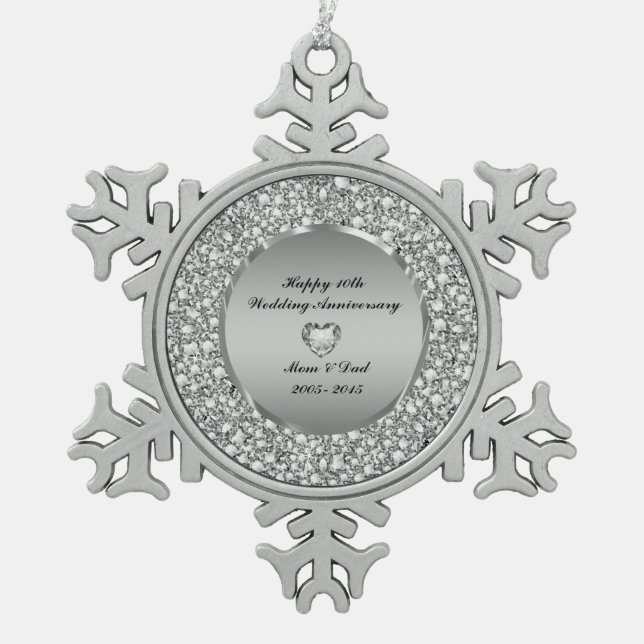 Diamonds & Silver 10th Wedding Anniversary Snowflake Pewter Christmas Ornament (Front)