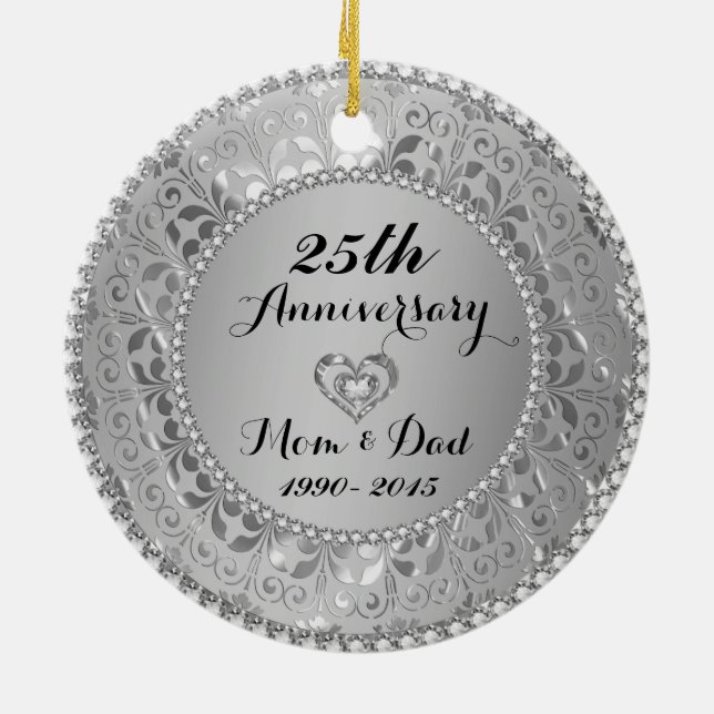 Diamonds & Silver 25th Wedding Anniversary Ceramic Ornament (Back)