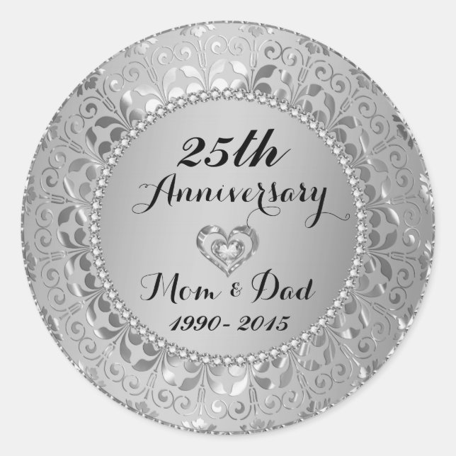 Diamonds & Silver 25th Wedding Anniversary Classic Round Sticker (Front)